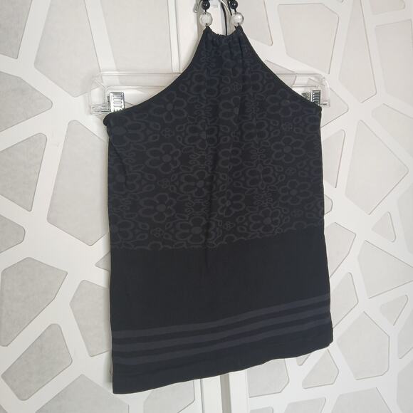Vintage Y2K Black Floral Beaded Halter Top Womens S/M Coconut Tropical Preppy - Picture 2 of 8